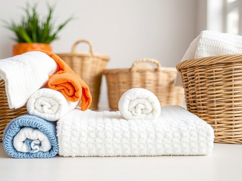 Soft towels in bright orange and blue hues rolled and placed in textured woven baskets, adding warmth to inviting interior, soft, towels