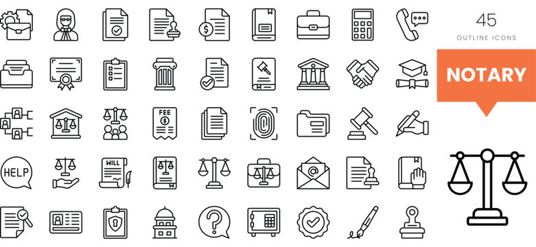 Set of 45 outline icons representing notary services and legal documentation.