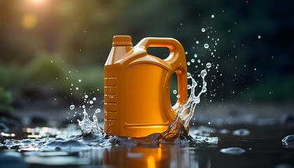 A motor oil plastic jerrycan splashing in water, showcasing the product in action. The mockup highlights automotive lubricant, engine oil, and car maintenance concepts, perfect for promotional ads