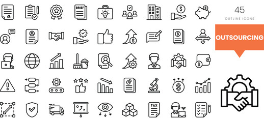 A diverse set of outline icons representing various aspects of outsourcing.
