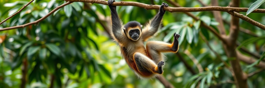 Playful capuchin monkey swinging through lush green trees in tropical rainforest, primates, energetic