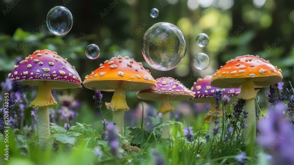 Poster whimsical mushrooms with colorful caps and floating bubbles, surrounded by greenery and lavender, cr