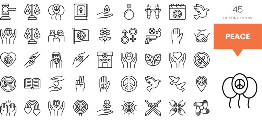 A diverse collection of peace-themed outline icons representing harmony and unity.