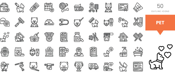 A collection of detailed outline icons representing various pet-related activities and items.