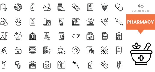 A collection of 45 pharmacy-related outline icons in a clean design.