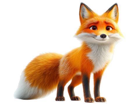 A cheerful fox with a bushy tail isolated on white background. Suitable for marketing or business purposes. PNG file