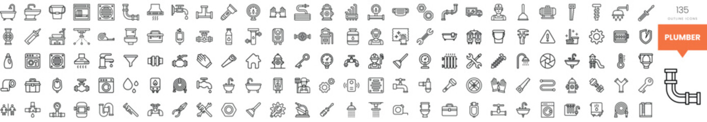 A collection of monochrome plumbing icons showcasing various tools and appliances.