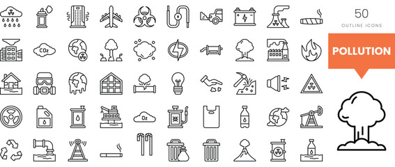 A collection of pollution-related outline icons illustrating environmental issues.