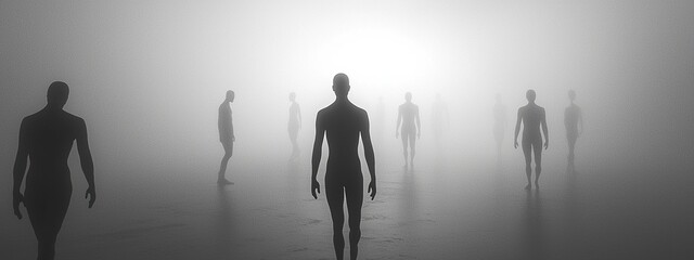 Obraz premium Minimalist human silhouettes walking against a glowing monochrome backdrop