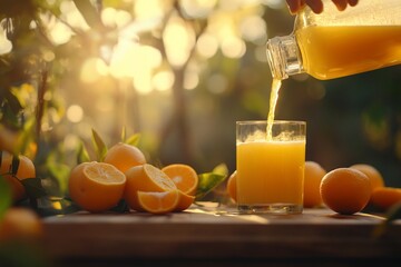 Naklejka premium Fresh orange juice pouring into glass from bottle, surrounded by oranges on wooden surface at sunset.