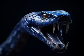 Naklejka premium Close-up of a blue snake's head, fangs bared, against a dark background.