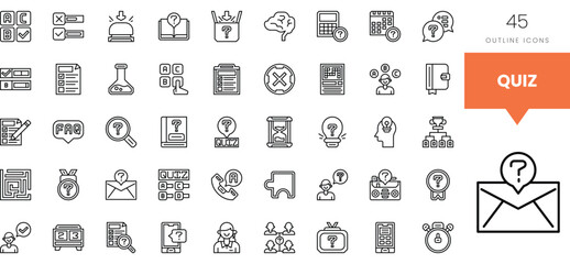 A collection of outline icons depicting quiz-related concepts in a minimal style.