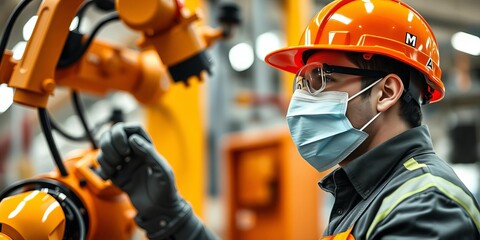 Engineer in hardhat and safety mask programming robotic arm in factory setting, hardhat, worker