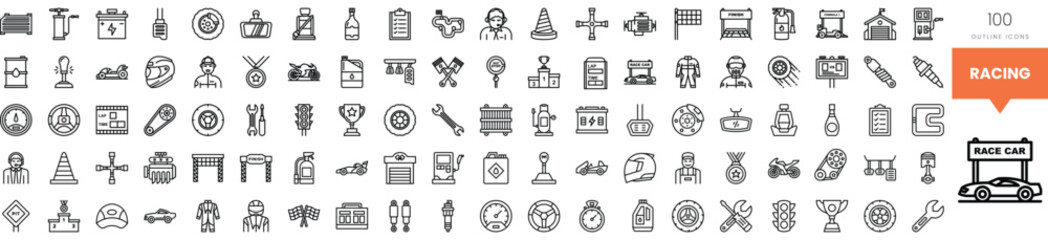 A comprehensive collection of racing-themed icons in a minimalist style.