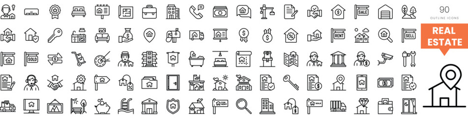 A collection of diverse real estate icons in a minimalist design, showcasing various concepts.
