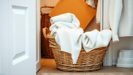 Cozy laundry room with wicker basket filled with fresh towels, home, organization