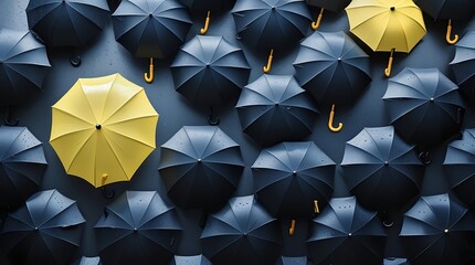Standing out concept with a single bright yellow umbrella among a crowd of black umbrellas, symbolizing individuality, uniqueness, creativity, and the courage to be different in a monotonous world



