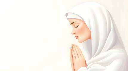 Woman in white hijab praying, serene background, faith, spirituality, religious imagery