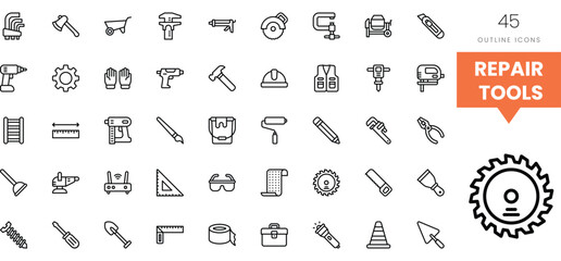 A diverse collection of 45 outline icons representing various repair tools.