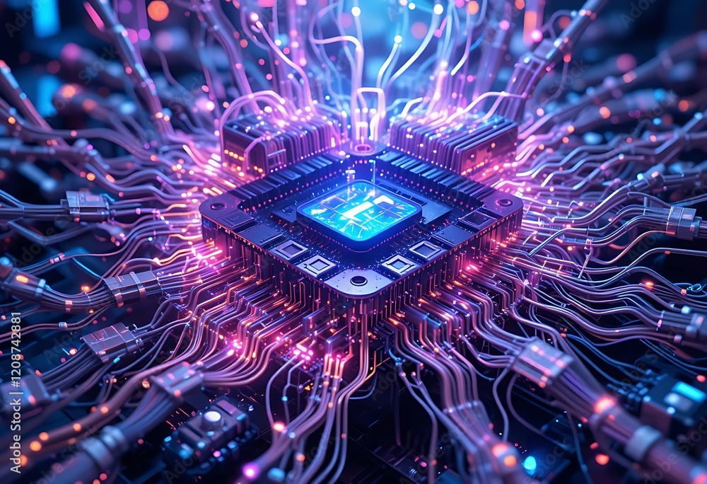 Aufkleber central processing unit illuminated with glowing circuitry