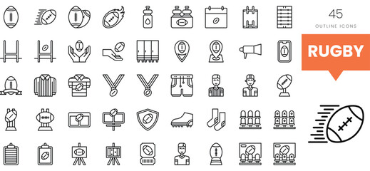 A collection of rugby-themed outline icons showcasing sports equipment and awards.