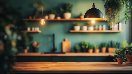 Wooden counter in a kitchen with plants and lights.