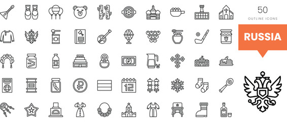 Collection of outline icons representing Russian culture and traditions.