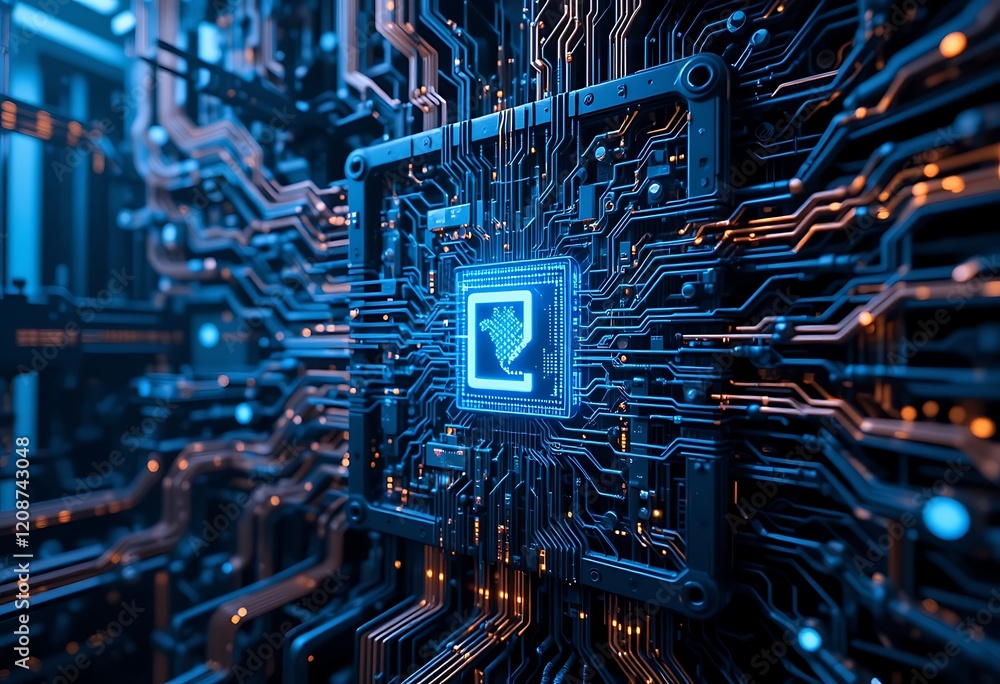 Poster illuminated circuit board shows complex technological design