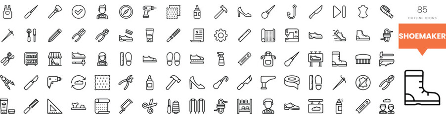 Collection of shoemaking tools and accessories in minimalist outline style.