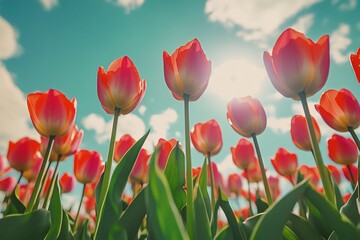 Low angle view of red tulips in a field under a bright sunny sky.