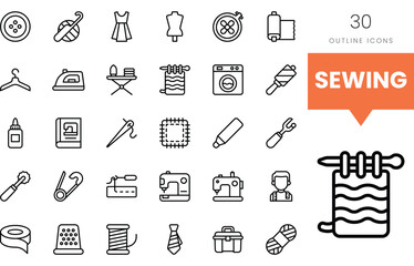 A collection of sewing icons featuring various tools and materials in a minimalist style.