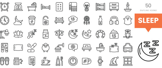 Variety of sleep-related icons in a minimalist black and white design.