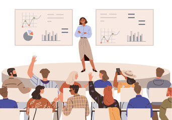 Woman presenting data charts to an engaged audience. Diverse group seated, raising hands for questions. Ideal for business presentations, training sessions, educational seminars, workshops, and