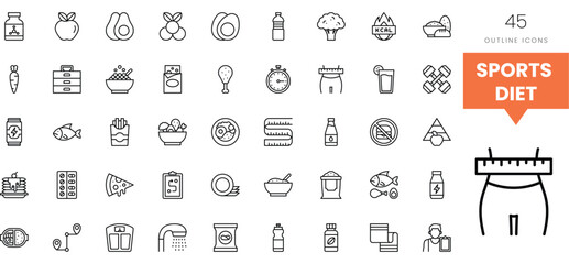 A variety of sports diet icons, including fruits, vegetables, and fitness items.
