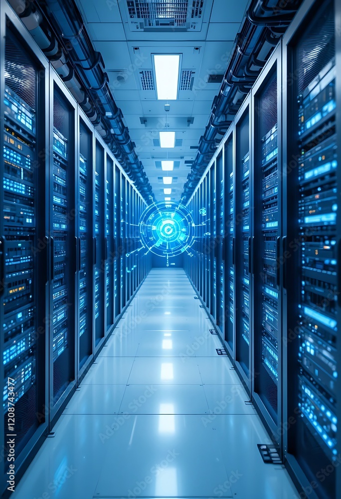 Poster illuminated server room corridor showing data center technology