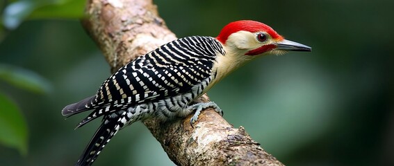 A vibrant woodpecker perched on a tree branch, showcasing its striking red crown and black and white striped plumage.