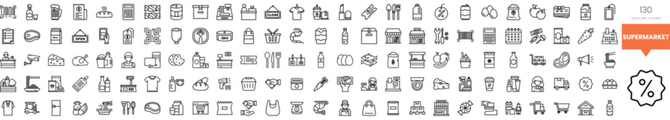 A collection of various food and grocery icons in a minimalist line art style.
