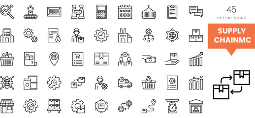 A collection of black outline icons representing supply chain management concepts.
