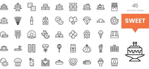 A collection of sweet-themed outline icons including desserts and treats.