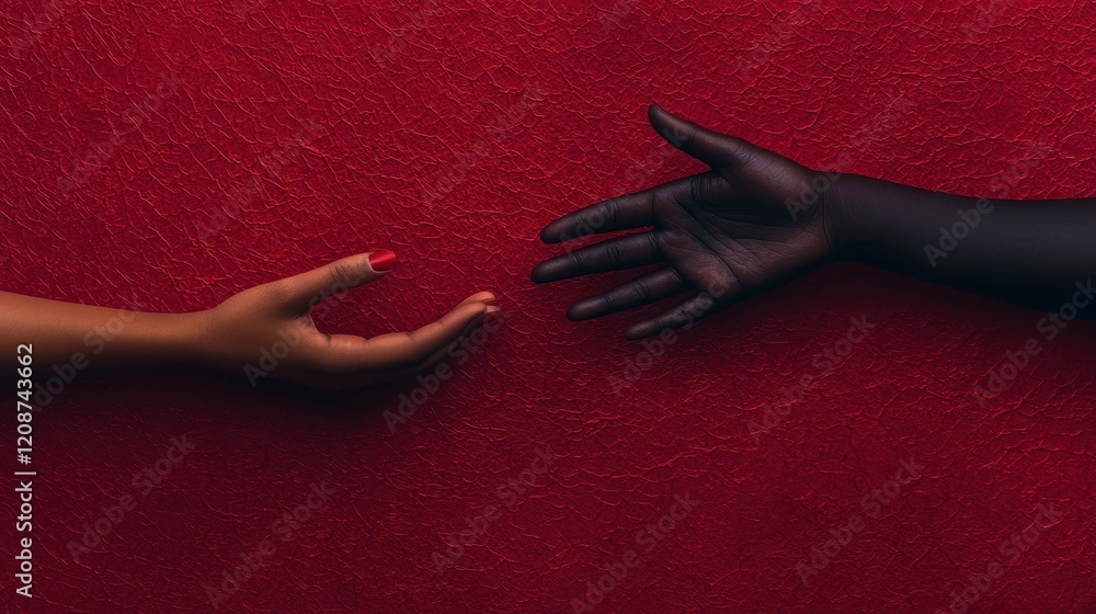 Poster reaching hands unity diversity connection red background