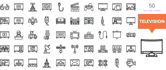 A collection of 50 outline icons related to television and media.