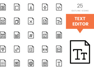 Collection of 25 outline icons for a text editor interface.