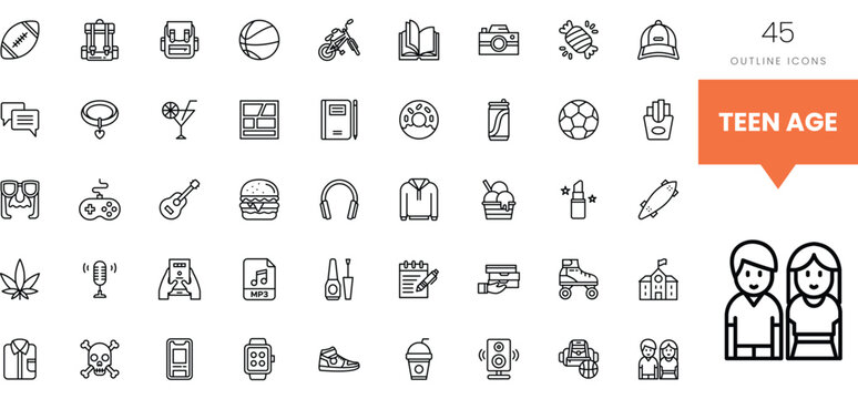 Outline icons representing teen interests, including sports and music.