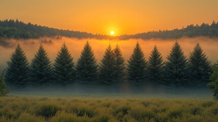 Fototapeta premium Sunrise mist, evergreen trees, golden field.