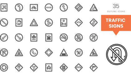 Various traffic signs in simple outline style for effective road guidance.