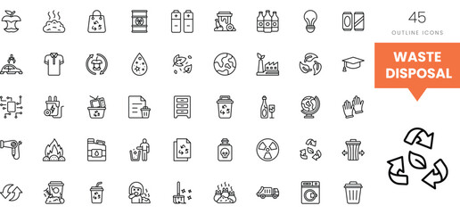 A collection of waste disposal and recycling icons in a clean, minimalist style.