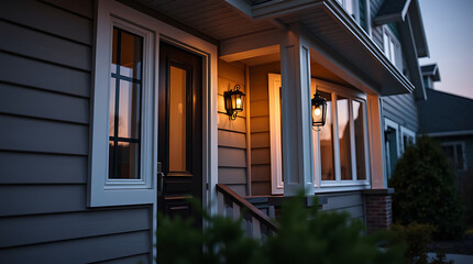 Charming Suburban Home at Dusk: Warm Lighting and Inviting Exterior Design