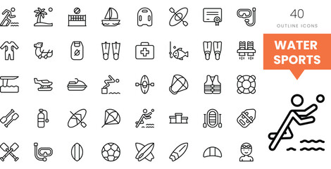 Collection of water sports icons in black outline on a white background.