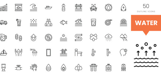 Collection of diverse water-related line icons including bottles, boats, and rain.