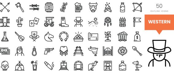 A collection of Western-themed outline icons featuring various symbols and objects.